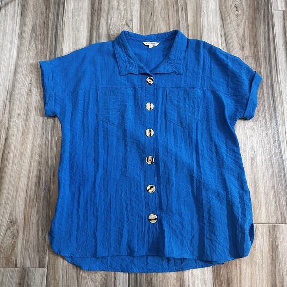 John Mark Camp Shirt Womens Large‎ Oversized Relaxed Button Front Travel Blue - Picture 1 of 6